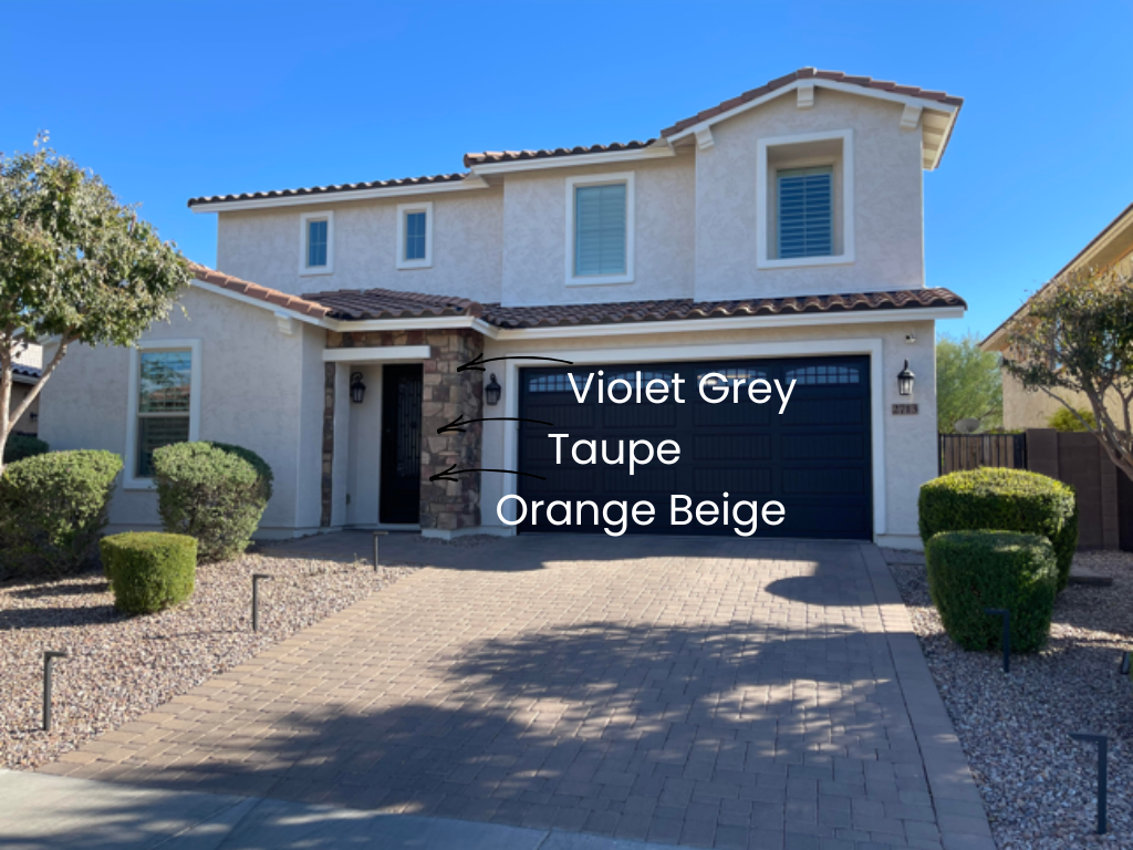 Home exterior painted in Benjamin Moore Cedar Key and Simply White